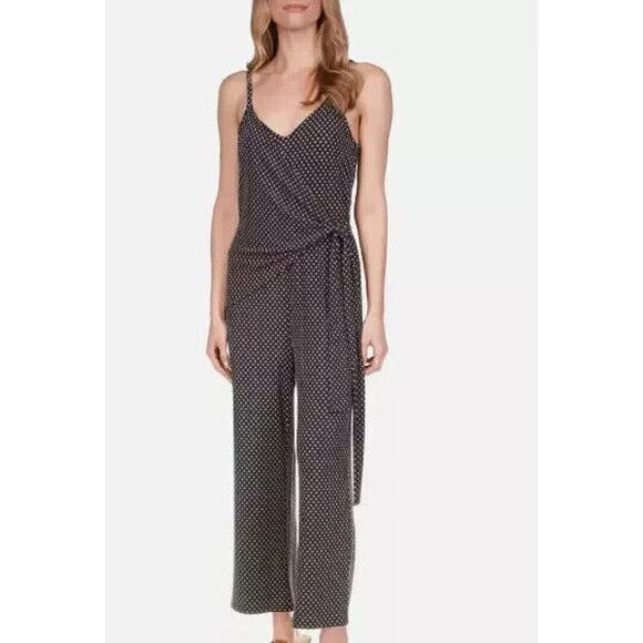 Michael Kors Women's Blue & Gold Geometric Wrap Front Wide Leg Jumpsuit Size L - Picture 1 of 16